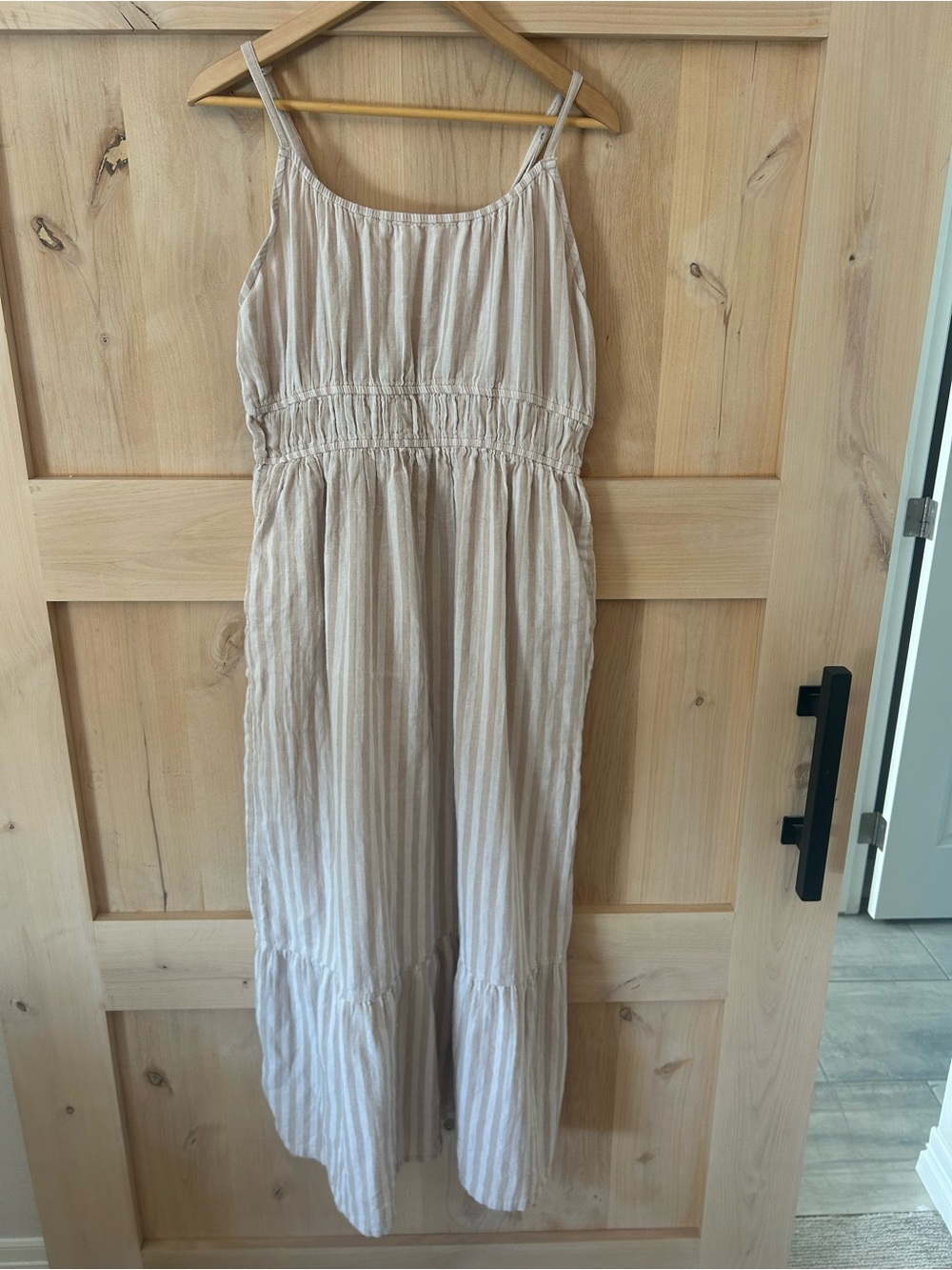 Pact Double Gauze Cotton Cream Striped maxi Sundress Smocked Waist pockets larg
